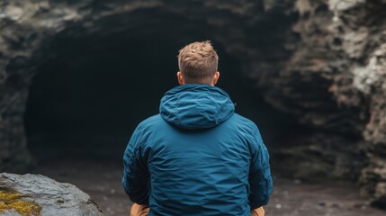 Back view of a man in a blue jacket standing in front of a dark, rocky cave. The image portrays a sense of isolation, contemplation, and adventure