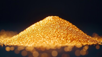 Golden dust pile glowing softly in the dark, creating a minimalistic scene of mystery, wealth, and sophistication