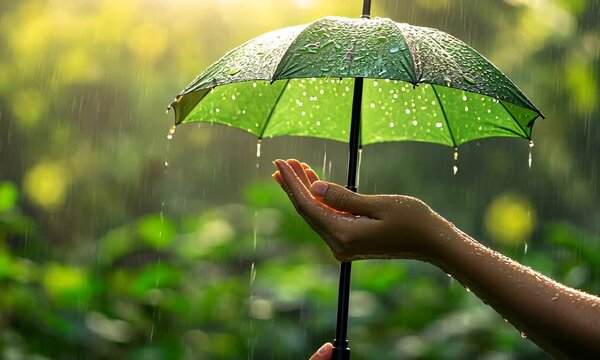 green umbrella in female hand
