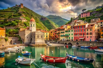 Fototapeta premium Vintage Vernazza Harbor in Cinque Terre - Scenic Italian Coastal Village Photography
