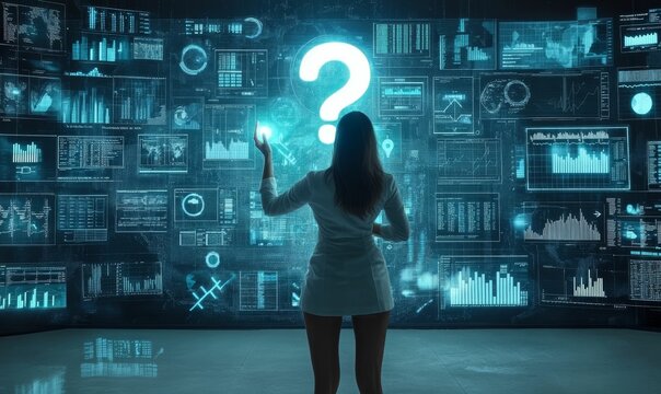 Woman examining data with question mark.