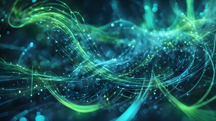 Abstract digital waves with glowing particles in shades of blue and green.