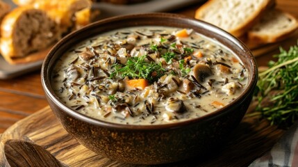 A hearty bowl of creamy wild rice soup filled with mushrooms, garnished with fresh herbs, served on a wooden table.