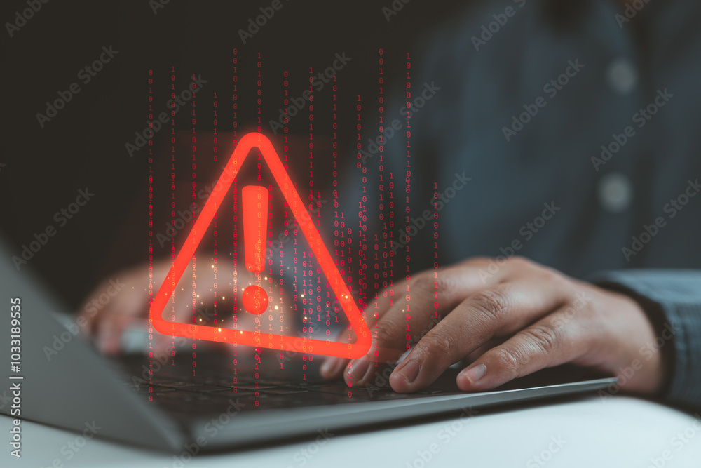 Poster error 404 alerts on a laptop, caution of spam in website digital technology. concept of warning symbol or attack cyber, security notification. warn failure of the computer, danger from network mistake