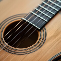 Obraz premium Close-up of an acoustic guitar, focusing on the strings and soundhole, emphasizing musical instruments, craftsmanship, or the beauty of wood textures
