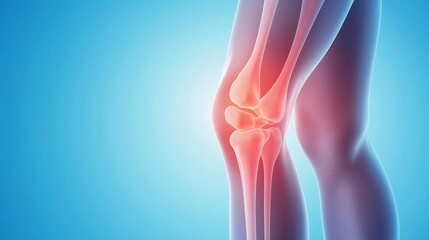 Digital illustration of a human knee with highlighted bones and joints in red, showing pain or inflammation, against a blue gradient background, representing health, anatomy, or medical conditions