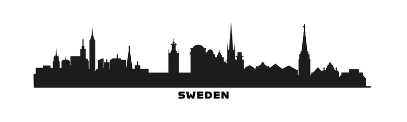 Fototapeta premium Sweden country skyline with cities panorama. Vector flat banner, logo. Stockholm, Malmo, Gothenburg silhouette for footer, steamer, header. Isolated graphic