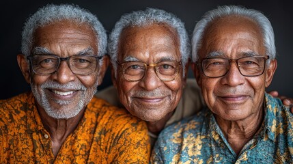 Three elderly men with gray hair smile together in a close-knit embrace, showcasing friendship in a warm indoor setting