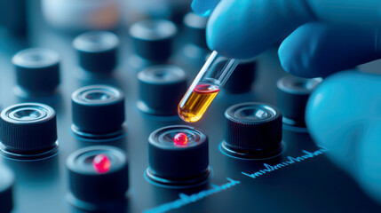 A scientist drops a sample into a laboratory device, showcasing modern research and technology in a close-up view.