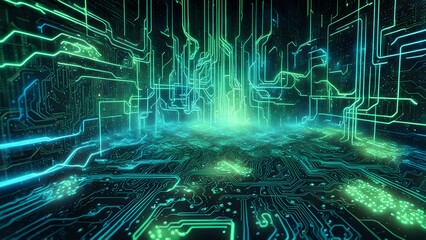 Fototapeta premium A futuristic digital landscape with glowing circuits and vibrant colors.