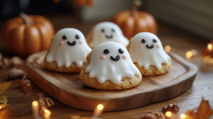Obraz premium Ghost cookies for Halloween, Halloween-themed ghost cookies, each decorated with smooth white icing and cute ghost faces