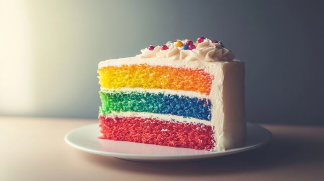 A perfectly baked rainbow cake with colorful layers, topped with creamy frosting, ready to be enjoyed - Powered by Adobe
