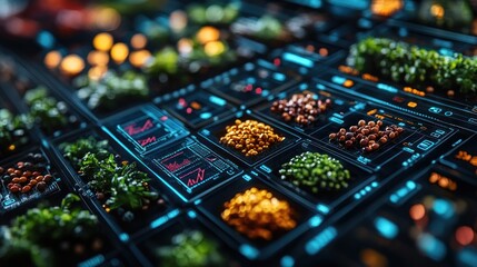 Obraz premium A futuristic display of various seeds and plants with data analytics.