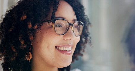 Business, thinking and woman with glasses, ideas and thoughts with window, contemplation and smile. Person, employee or consultant with view, eyewear and clear vision with solution or problem solving © Flashizzle/peopleimages.com