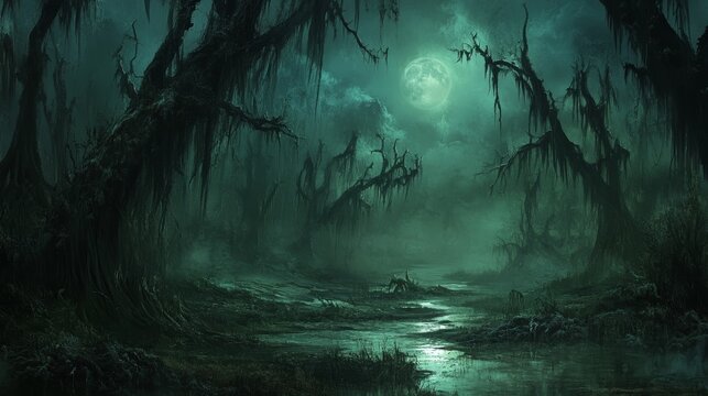 Ethereal full moon illuminating a serene and mystical swamp at night