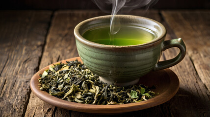 cup of green Chinese people often like to drink it in the morning to warm their bodies.