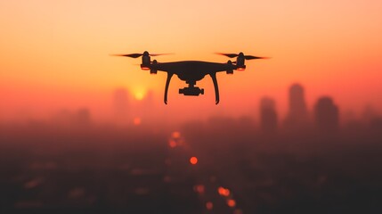 Fototapeta premium A drone hovers against a sunset backdrop, silhouetted against the skyline, capturing a serene moment of aerial perspective.