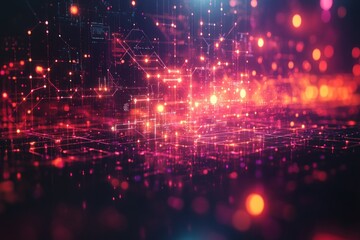 Obraz premium Abstract digital landscape with glowing nodes and lines, representing technology and connectivity.