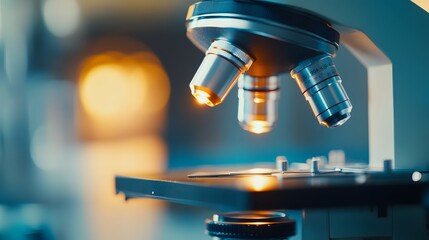 Close-up of a Laboratory Microscope with Luminous Lenses