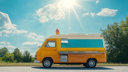 Obraz premium A vibrant ice cream truck serving customers on a hot summer day, with the sun shining brightly in the sky. Copy space.