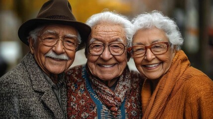 Elderly friends share joyful moments together during an autumn day in a vibrant park, showcasing warmth and companionship