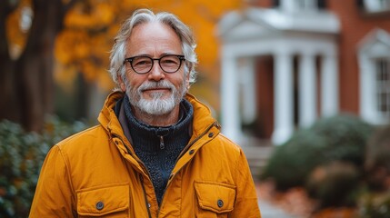 An older man with a beard and glasses smiles warmly while wearing a mustard-colored jacket during autumn in a charming neighborhood