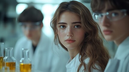 A young woman in a lab coat looks intently at the camera, with two other scientists blurred in the background.