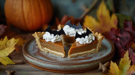 Halloween Pumpkin Pie with Whipped Cream and Bats