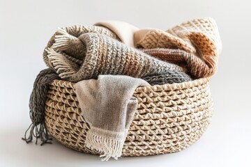 Obraz premium Woven Basket Filled with Cozy Knit Blankets Isolated On White background