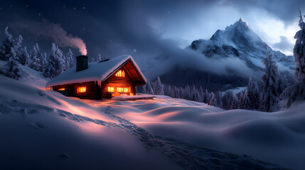 Fototapeta premium Winterhütte im verschneiten Wald bei Nacht mit beleuchteten Fenstern