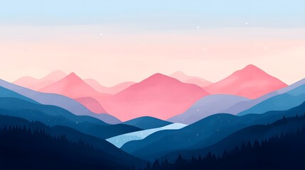 Fototapeta premium A tranquil landscape featuring layered mountains in shades of blue and pink, with a winding river reflecting the serene sky.