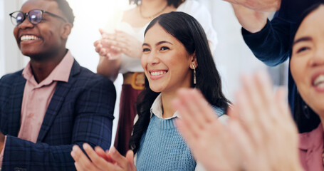 Group of people, applause and teamwork for celebration, workshop and success in meeting or achievement. Business, happiness and audience with excited in office for winning, promotion and presentation