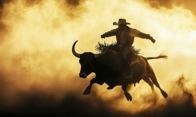 Cowboy riding a bull in dust cloud.