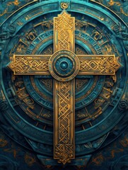 Obraz premium Intricate Golden Celtic Cross on Detailed Teal Background - Ornate Religious Art with Sacred Geometry