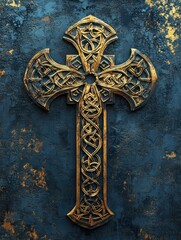 Golden Celtic Cross with Intricate Knotwork on Textured Teal Wall - Ornate Religious Symbol and Art