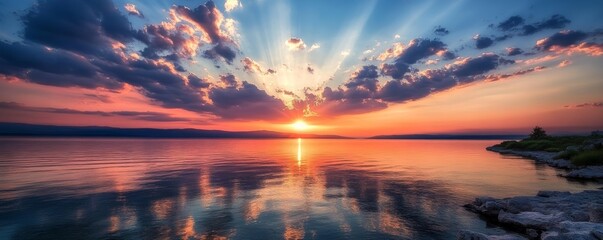 Sunset over calm lake with dramatic clouds, serene nature scene. Peaceful relaxation and tranquility concept
