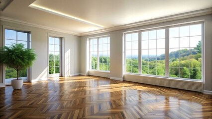 Obraz premium The image is of an empty room with large windows showcasing a lush green tree-lined view. The room features a herringbone patterned wood floor, white walls with white trim, and a pot of green plants