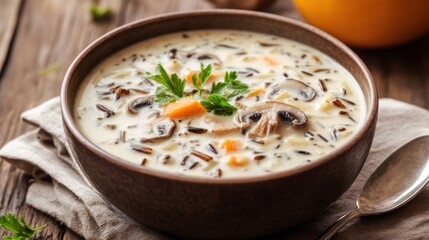 Comforting wild rice soup with mushrooms in a rustic bowl, with a spoon and napkin beside it, on a wooden background.