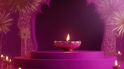 Banner design for diwali festival and podium,Diwali light decoration candle with fireworks,Stage,Product display Showcase design sparkle background,Deepavali,Dipavali,3D podium illustration.