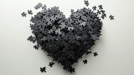 Heart made of puzzle pieces falling apart, white background