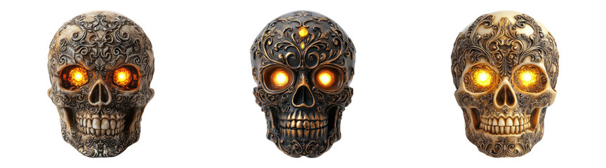 Sugar skull Halloween decorations with glowing eyes isolated on transparent PNG background ideal for Halloween or Day of the Dead designs