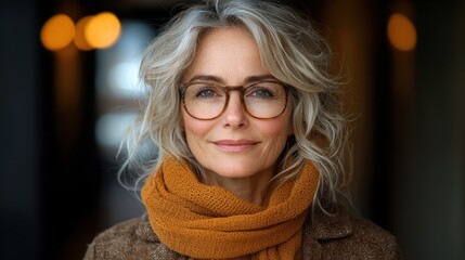 A woman with curly gray hair wearing glasses and an orange scarf stands in a warmly lit hallway, exuding confidence and grace