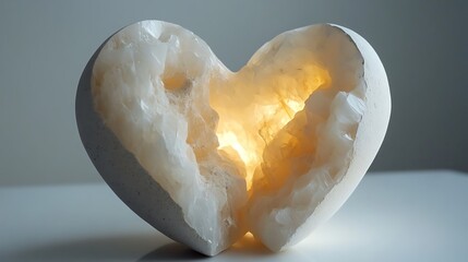Heartshaped stone breaking in two, revealing soft light inside, white background