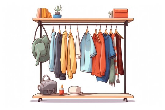 colorful clothes rack with accessories, cartoon style clip art preview