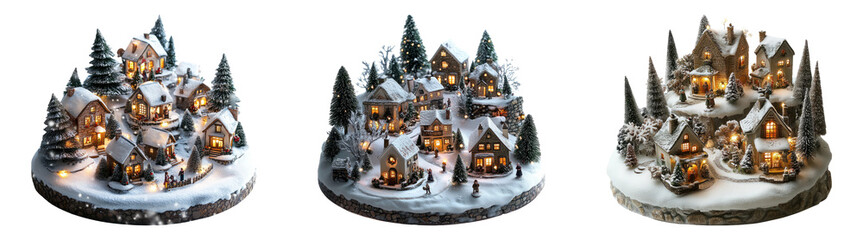Naklejka premium Christmas village decoration with snowy houses isolated on transparent PNG background perfect for holiday-themed designs or winter decorations