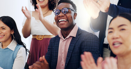 Business people, applause and diversity for celebration, workshop and success in meeting or achievement. Group, happiness and teamwork with excited in workplace for winning, promotion or presentation