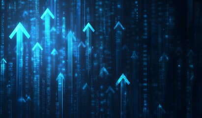 Abstract background with glowing blue arrows pointing upwards, symbolizing growth and success in business or public transport industry on a dark blue background. 