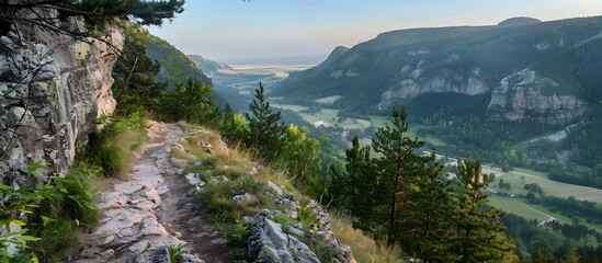 A scenic hiking trail leading up a mountain with stunning views of valleys and forests capturing the adventure and beauty of hiking