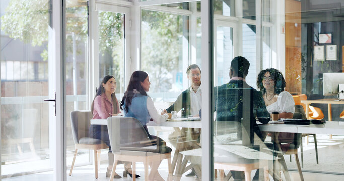 Boardroom, meeting and workshop with business people in office for discussion or planning. Collaboration, development or seminar with corporate men and women in workplace for strategy or vision