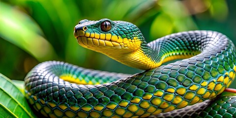 Fototapeta premium A close-up of a green and yellow snake with iridescent scales, coiled and alert, with a blurry green foliage background.